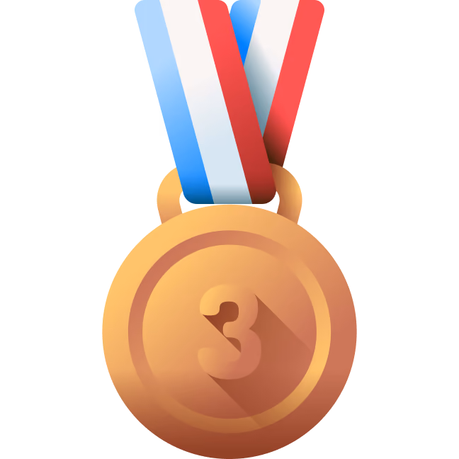 Bronze medal with the number 3 embossed, hanging from a ribbon striped in blue, white, and red.