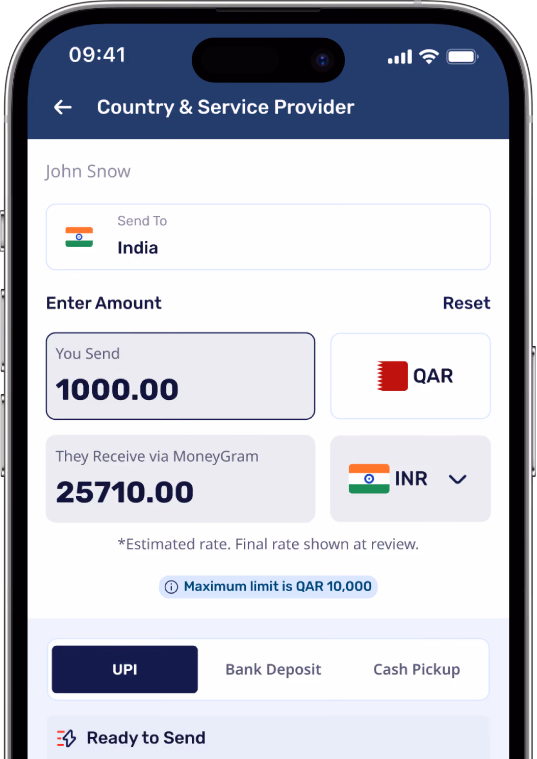 Mobile screen showing a money transfer app with sending 1000 QAR to India, recipient receiving 25710 INR via MoneyGram, and selected payment method as UPI.