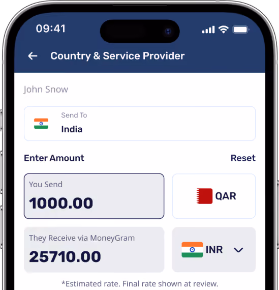 Mobile screen showing a remittance app interface for sending money to India. It displays sending 1000.00 QAR with the recipient receiving 25710.00 INR via MoneyGram, under the user name John Snow.