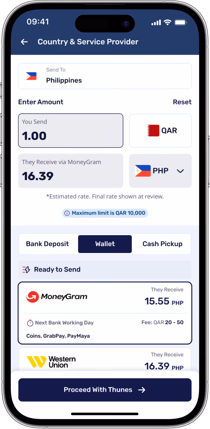 Mobile phone screen displaying a money transfer app interface sending money to the Philippines. The user enters an amount of 1.00 QAR, showing an estimated receive amount of 16.39 PHP via MoneyGram, with a maximum limit of QAR 10,000. Options for Bank Deposit, Wallet, and Cash Pickup are shown, with Wallet selected. Ready to Send section shows MoneyGram option with 15.55 PHP received next bank working day and fee of QAR 20-50, and Western Union option with 16.39 PHP received. A button at the bottom says 'Proceed With Thunes.'