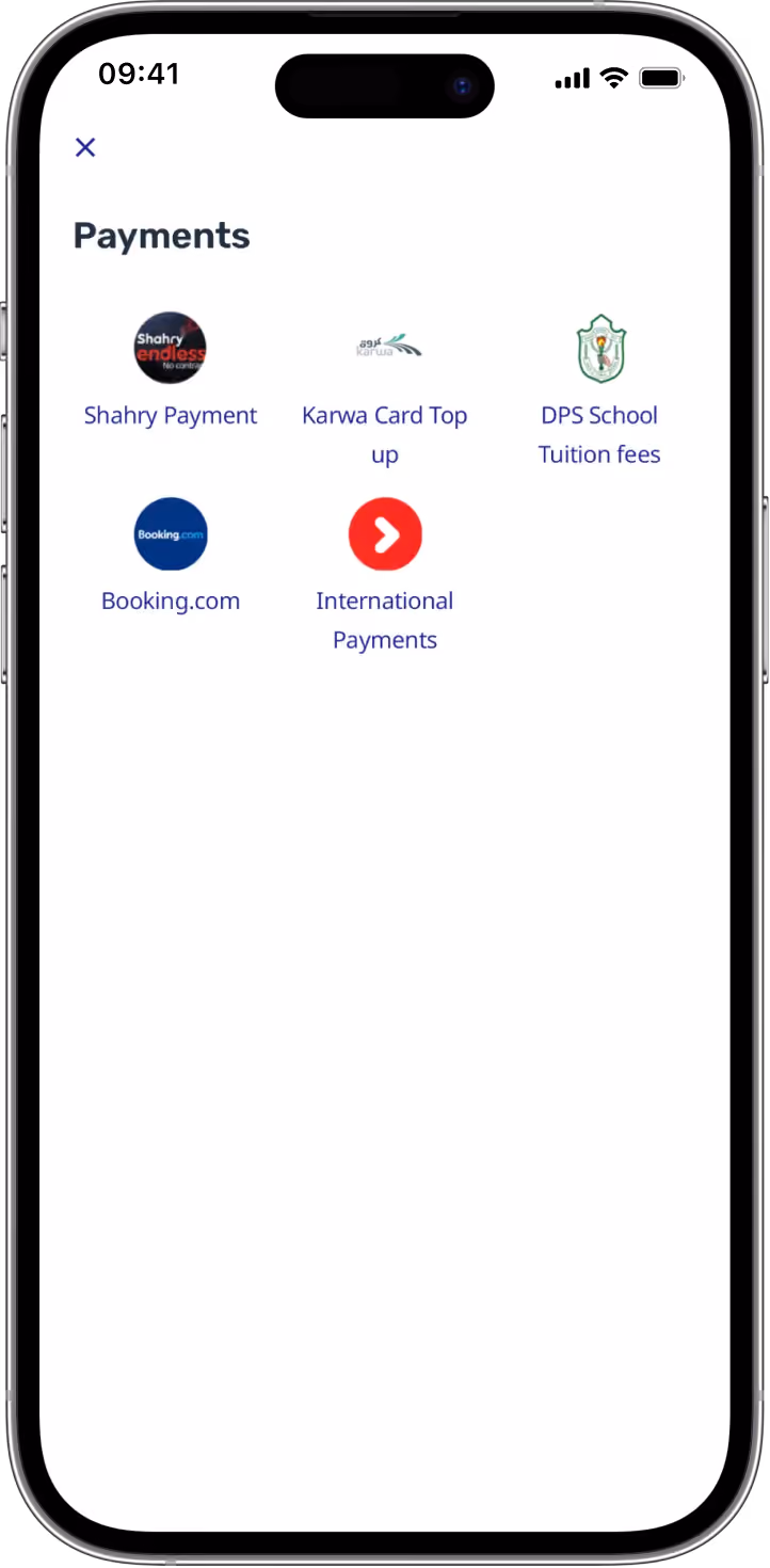 Smartphone screen showing a Payments menu with six options represented by icons and labels: Shahry Payment, Karwa Card Top up, DPS School Tuition fees, Booking.com, and International Payments with a red arrow icon.