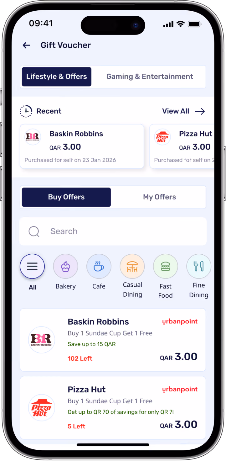 Smartphone screen showing a gift voucher app interface with tabs Lifestyle & Offers and Gaming & Entertainment. Under Recent offers are Baskin Robbins and Pizza Hut vouchers priced at QAR 3.00. Options include Buy Offers and My Offers with a search bar and category icons: All, Bakery, Cafe, Casual Dining, Fast Food, Fine Dining. Listed offers: Baskin Robbins Buy 1 Sundae Get 1 Free with 102 left, Pizza Hut Buy 1 Sundae Get 1 Free with 5 left, both requiring QAR 3.00 and mentioning savings.
