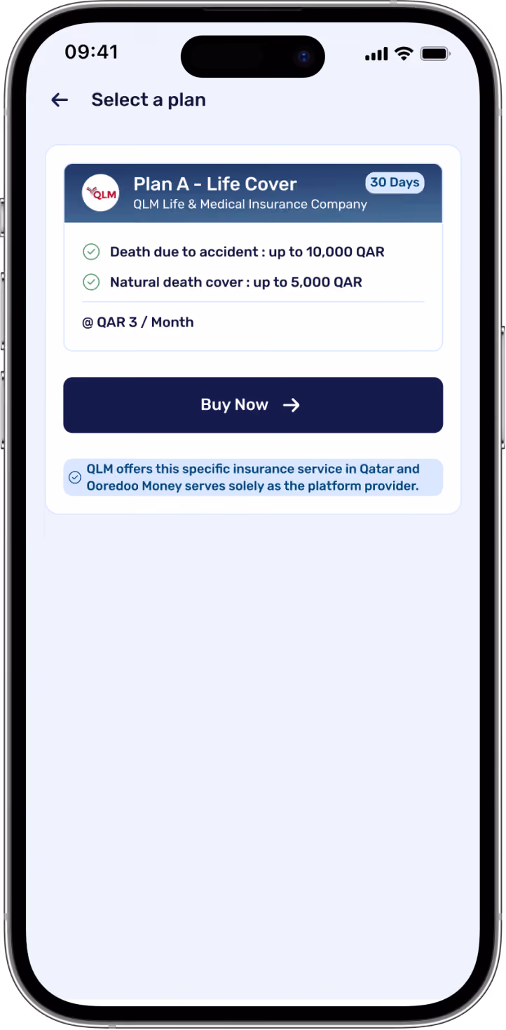 Mobile screen showing an insurance plan selection for Plan A - Life Cover by QLM Life & Medical Insurance Company with 30 days coverage. The plan details include death due to accident coverage up to 10,000 QAR and natural death cover up to 5,000 QAR, costing 3 QAR per month. There is a blue 'Buy Now' button below the details. A note at the bottom states QLM offers this insurance service in Qatar and Ooredoo Money serves only as platform provider.