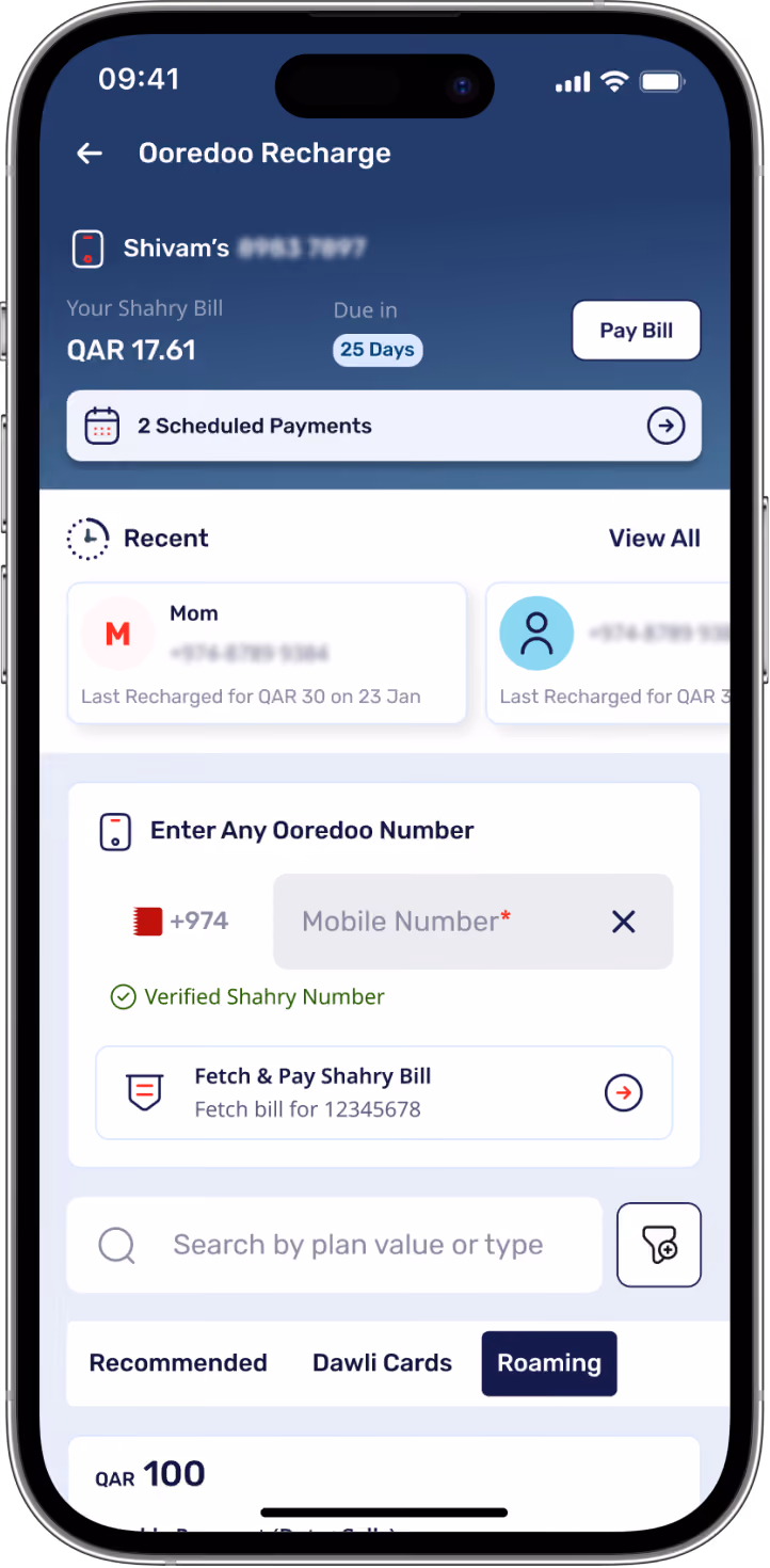 Mobile screen showing Ooredoo Recharge app interface for Shahry Bill payment with current due QAR 17.61 due in 25 days, option to pay bill, two scheduled payments, recent payments to Mom and another contact, input field to enter Ooredoo number with country code +974, a verified Shahry number indicator, option to fetch and pay Shahry bill, and search bar with tabs for Recommended, Dawli Cards, and Roaming plans.