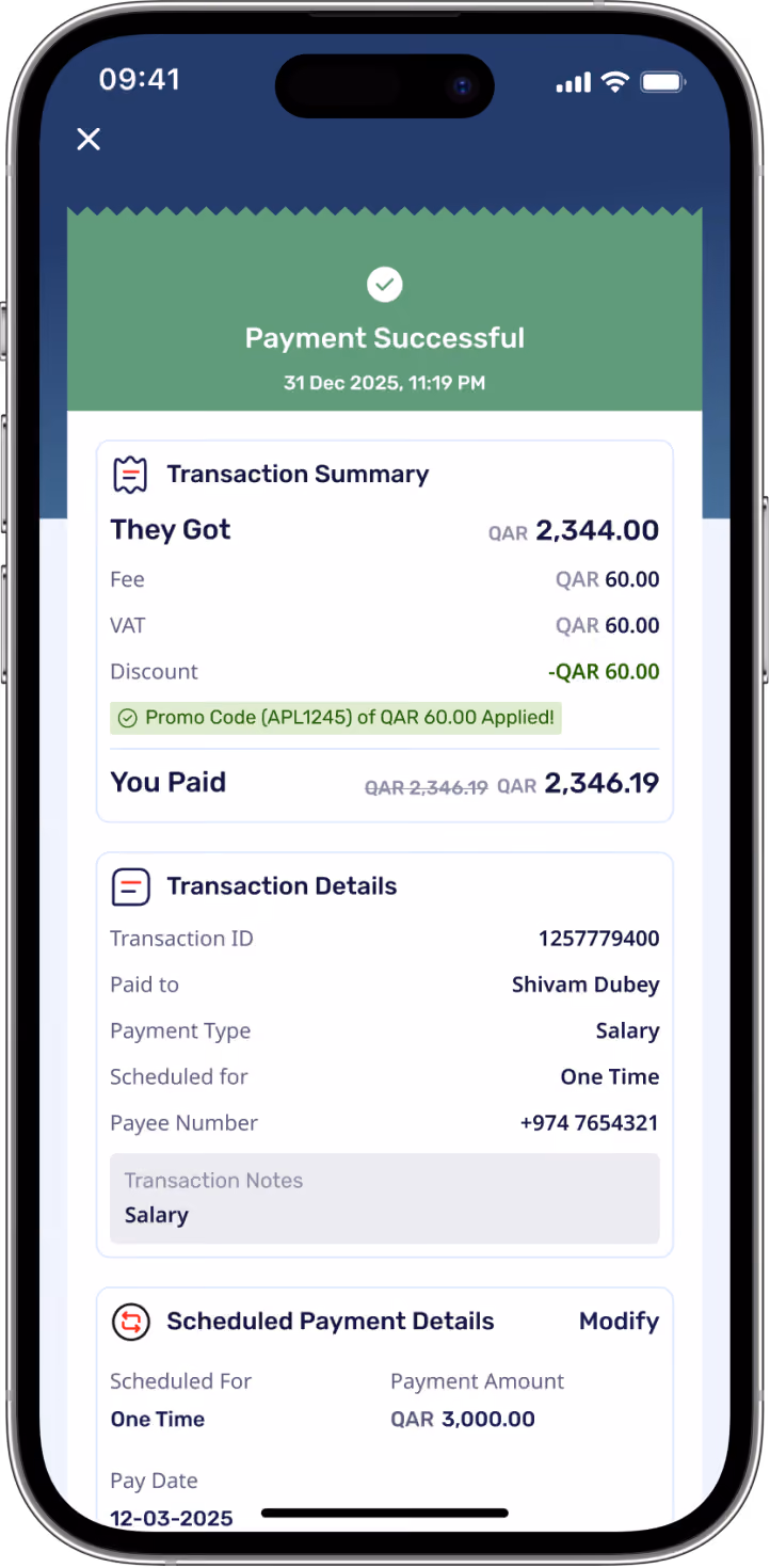 Mobile screen showing a payment confirmation with Payment Successful message dated 31 Dec 2025, 11:19 PM. It includes a transaction summary with amount 2,344 QAR after a 60 QAR fee and VAT each, and a 60 QAR discount applied by promo code APL1245. The paid amount is 2,346.19 QAR. Transaction details show ID 1257779400 paid to Shivam Dubey as a one-time salary payment with payee number +974 7654321. Scheduled payment details list a one-time payment of 3,000 QAR scheduled for 12-03-2025.