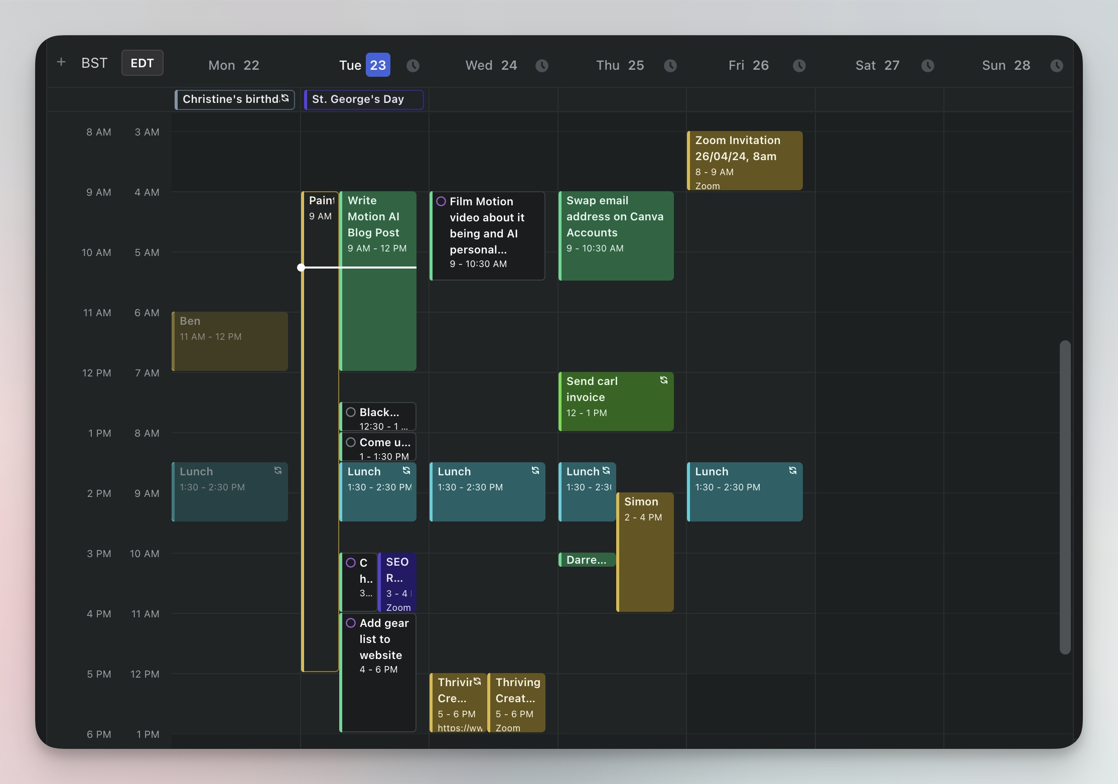 Motion AI scheduling interface with automated time blocking.
