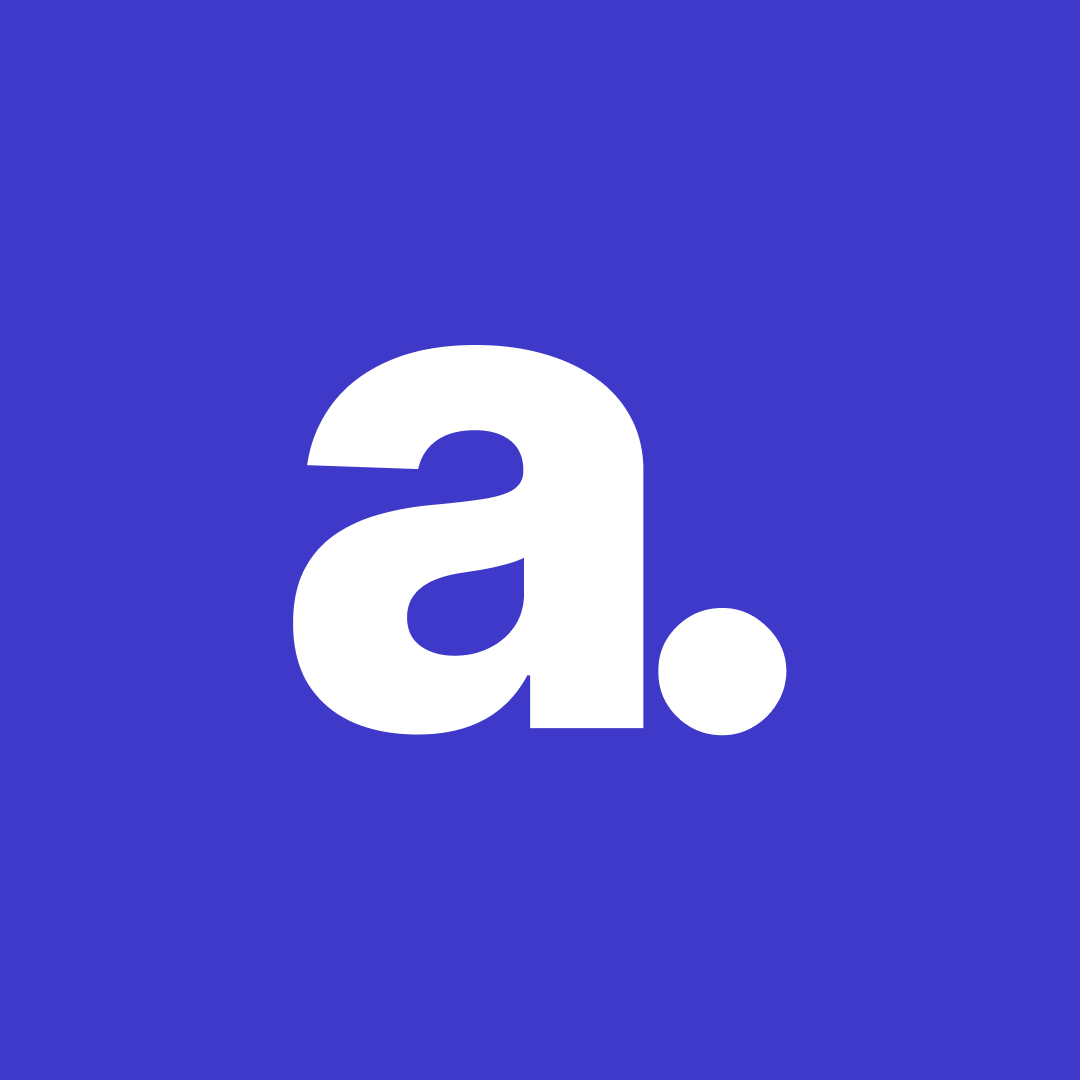 Lowercase letter 'a' followed by a period in white on a purple background.