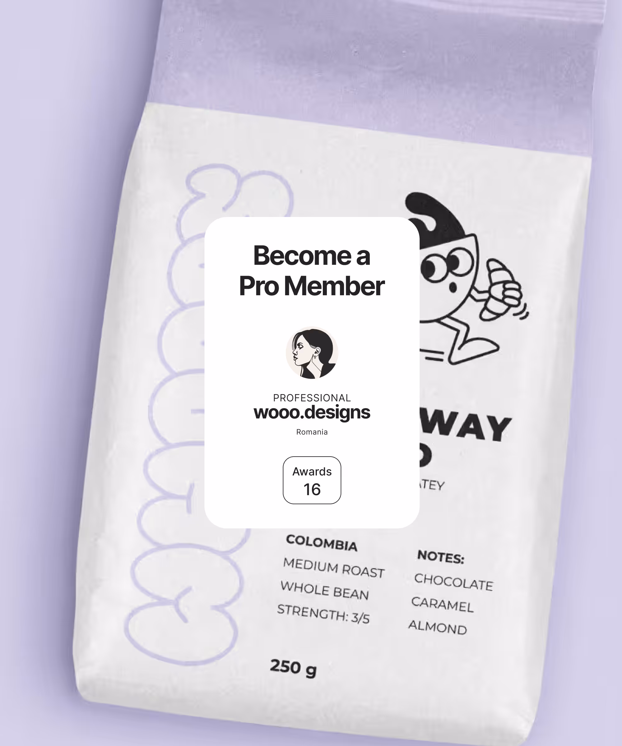 White coffee bag labeled Colombia medium roast whole bean with strength 3 out of 5 and tasting notes chocolate, caramel, almond, weighing 250 grams.