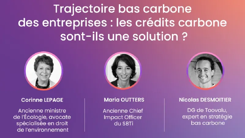 visuel webinaire crédits carbone avec Corinne Lepage, Toovalu, Maria Outters