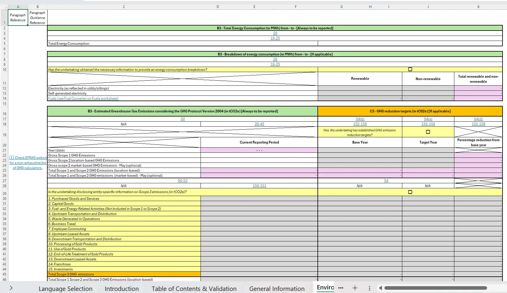 capture ecran du template excel Efrag vsme