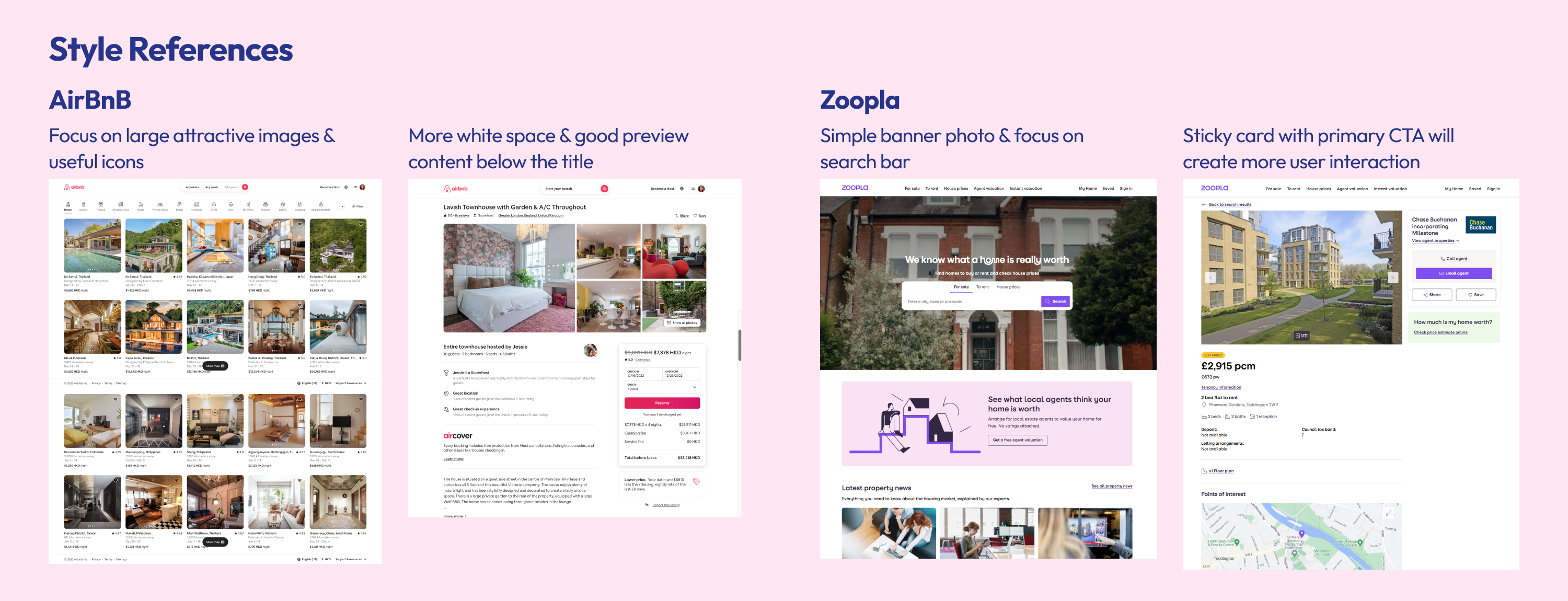 Image showing screenshots of style references, airbnb and zoopla