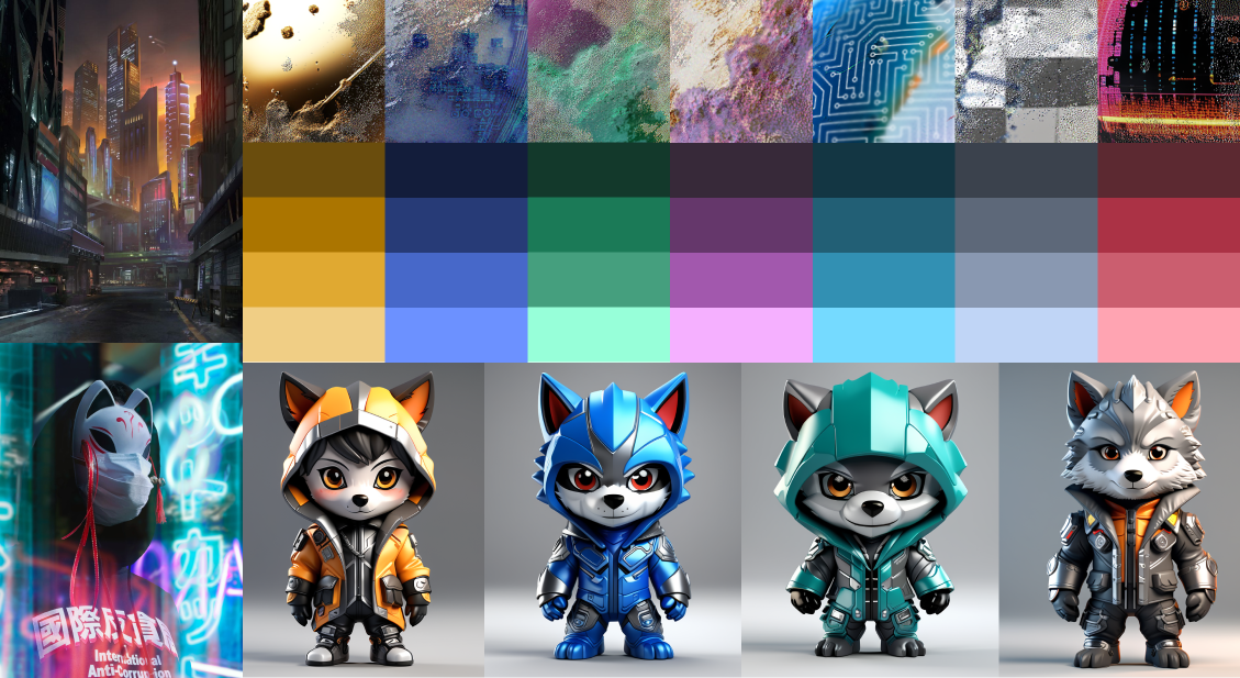 Moodboard showing colours, themes, and example designs for wolf avatar.