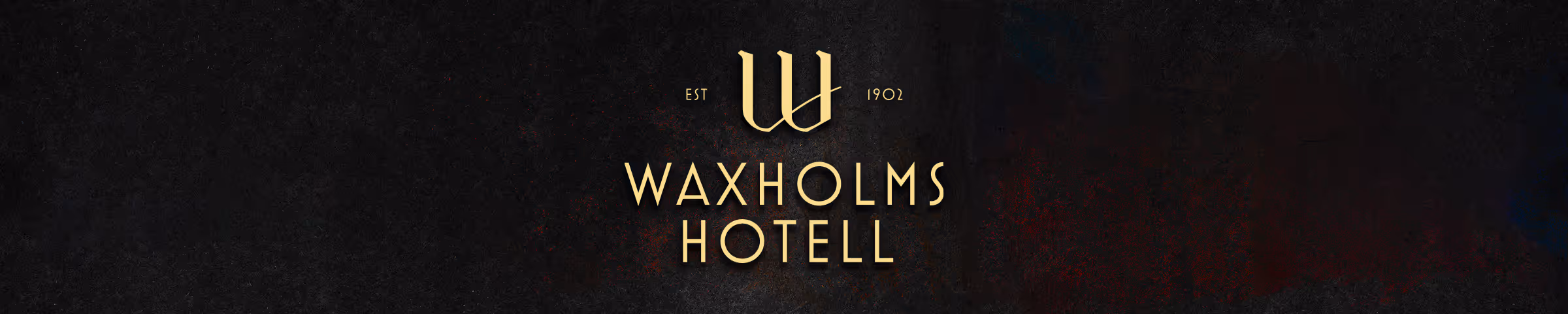 Banner med mörk texturerad bakgrund med en gyllene logotyp för Waxholms Hotell ovanpå, lätt upplyst.