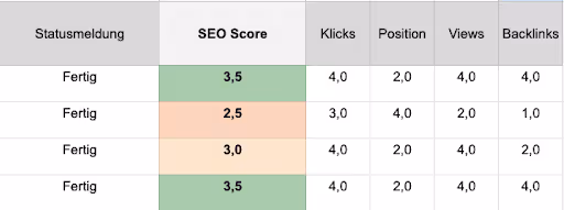 Finale Version der SEO Score Bewertung je Seite