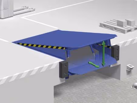 Blaue Fahrzeugaufnahmebrücke mit Pfeilen, die Hub- und Kippbewegungen anzeigen.