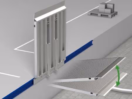 Industrielle Laderampe mit ausgeklappter Metallplattform und Pfeilen, die die Auf- und Abbewegung anzeigen.