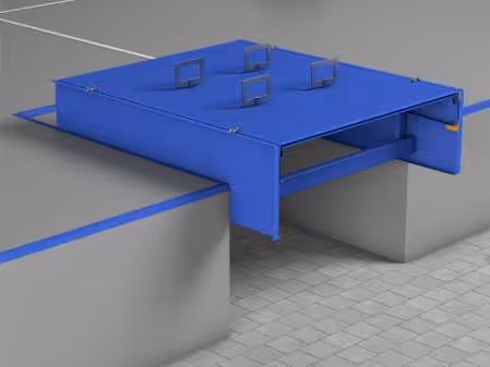 Blaue bewegliche Plattform mit Tragegriffen, die eine Lücke zwischen zwei grauen Betonflächen überbrückt.