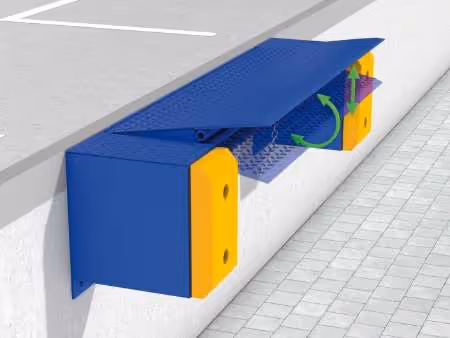 Blau-gelbes Wandrehersystem mit einem aufklappbaren Deckel, der grüne Pfeile für die Luftzirkulation zeigt.