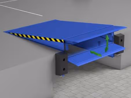 Blaue verstellbare Laderampe mit gelb-schwarzen Warnstreifen an der Kante, montiert an einer Gebäudewand.