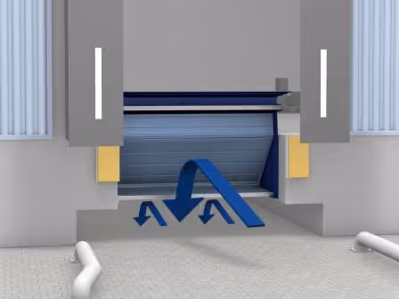 Grafische Darstellung eines Laderampen-Schleiers mit blauen Pfeilen, die Luftstrom unter einer geöffneten Torbasis zeigen.