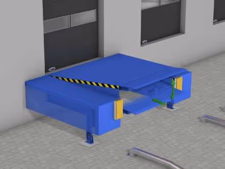 Blaue verladestelle für die andockung an ein lager oder gebäude, mit gelben warnstreifen und zwei andockklappen.