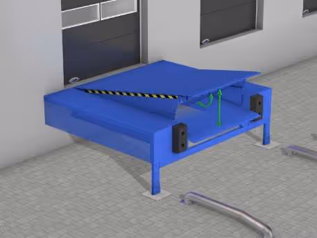 Blaue Laderampe mit geöffnetem klappbarem Tisch vor einem Gebäude mit grauem Boden.