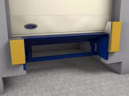 Ladebereich mit einem geschlossenen, gelb-blauen LKW-Laderampen-Tunnel an einer Gebäudefront.