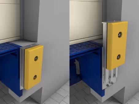 Vergleich zweier Montagearten einer gelben Bodenplattenhalterung an einer blauen Maschine neben einer grauen Wand.