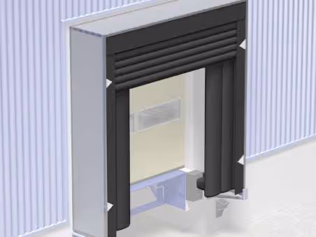 3D-Modell eines schwarzen, flexiblen Torabdichtungsrahmens an einer grauen Halle mit seitlicher Verkleidung.