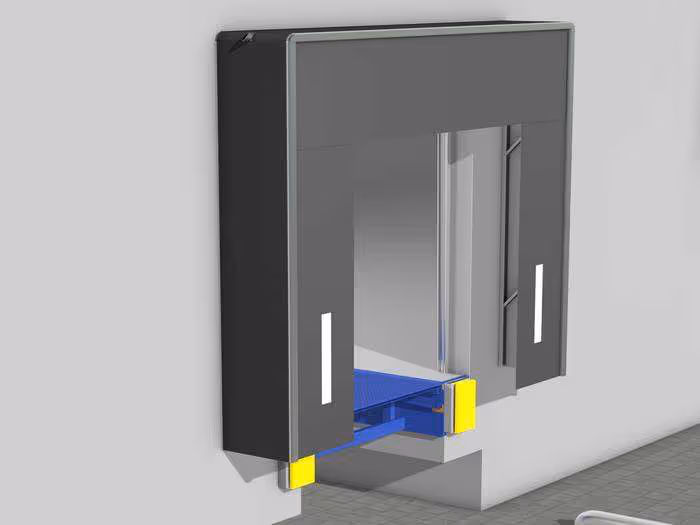Laderampenabdichtung mit schwarzer Gummihülle, gelben Kanten und blauer Ladefläche an einer Gebäudewand.