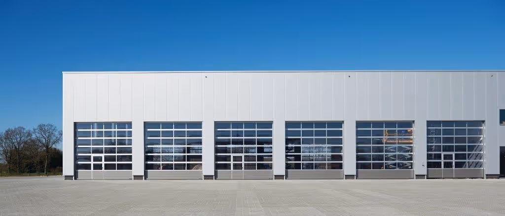 Ein modernes großes Lagerhaus mit sechs großen Glasschiebetoren unter klarem blauem Himmel.