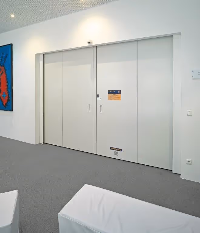 Weiße, große Schiebetüren in einem modernen Innenraum mit grauem Teppichboden und Kunstwerk an der Wand.