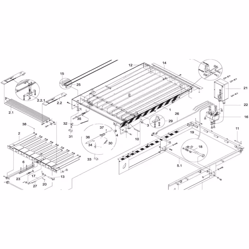 Explosionszeichnung einer mechanischen Vorrichtung mit nummerierten Bauteilen und Lupenansichten für Detailkomponenten.