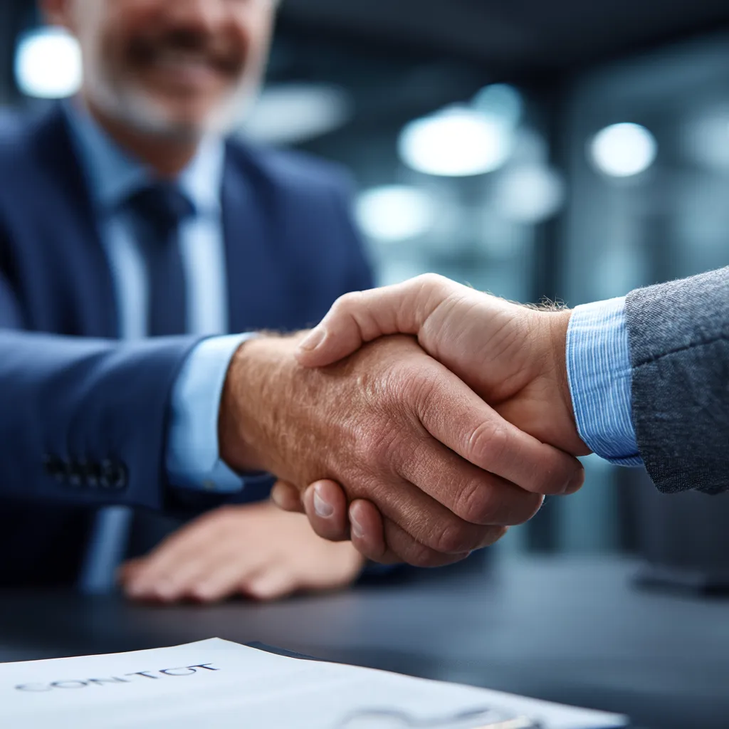 a handshake of two man wearing a suite