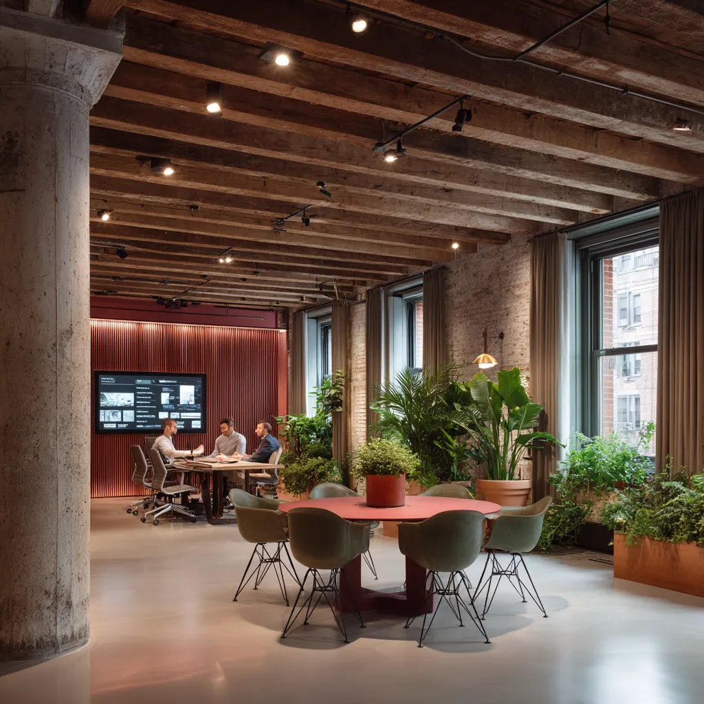 a beautiful office with a big round table in the middle