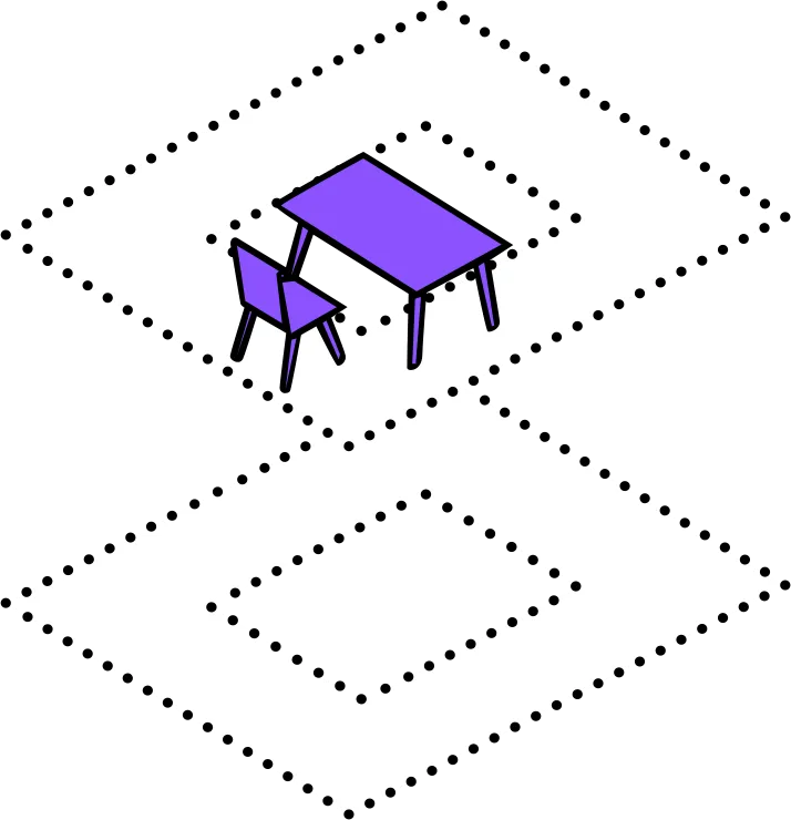 Lila Tisch mit einem Stuhl auf einer weißen, quadratischen Plattform in einer isometrischen Ansicht.