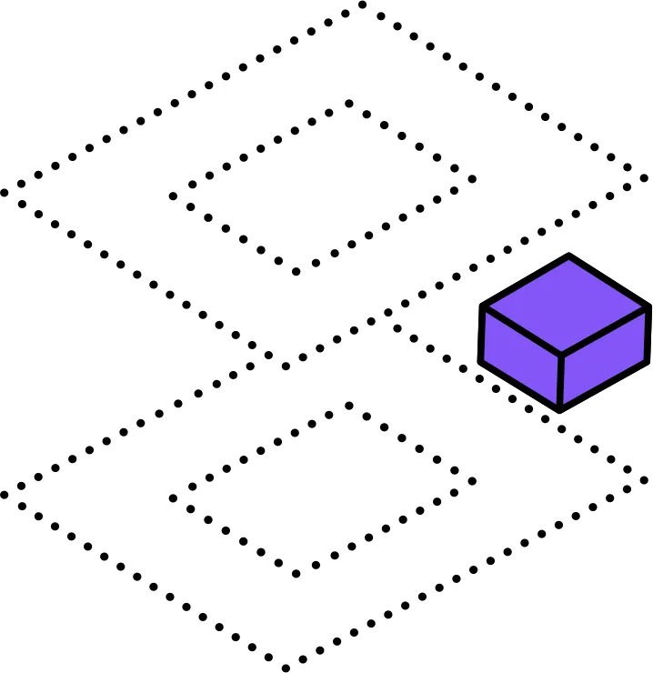 Zwei weiße, überlappende Rhombusformen mit einem kleinen lila Würfel rechts außen.
