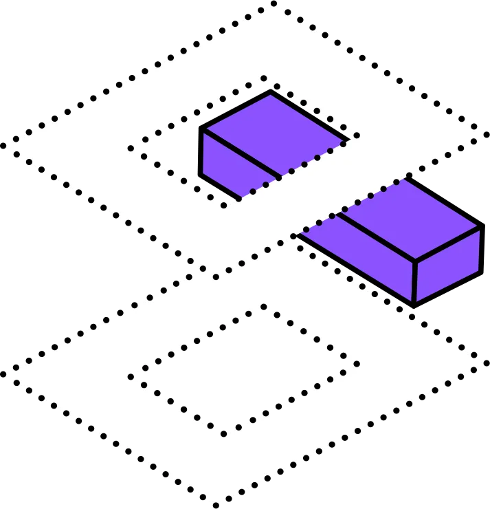 Isometrische Darstellung von zwei weißen quadratischen Rahmen mit einem lila rechteckigen Quader, der teilweise in dem oberen Rahmen sitzt.