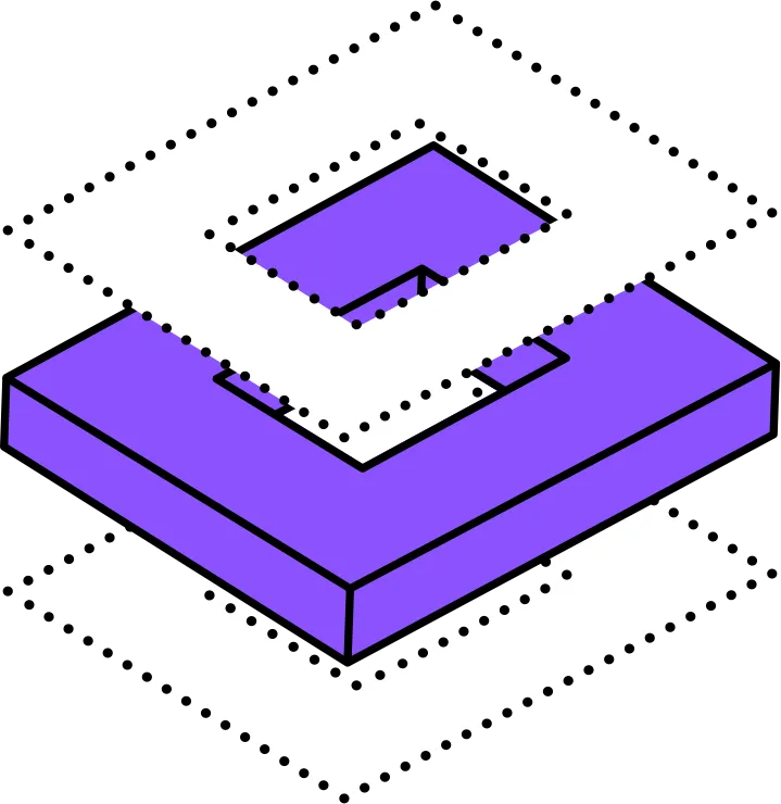 Dreidimensionales lila Quadrat mit quadratischem Ausschnitt, schwebend zwischen zwei transparenten Ebenen.