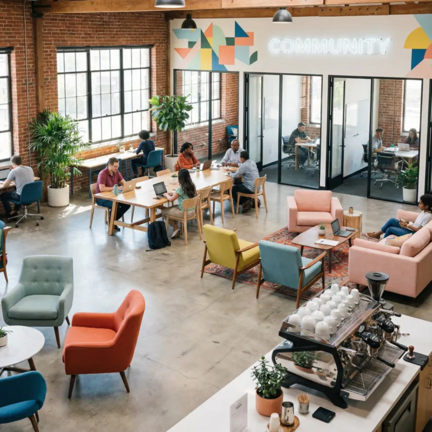 Moderner Coworking-Space mit Menschen, die an Tischen und in Besprechungsräumen zusammenarbeiten, gemütlichen Stühlen und Kaffeemaschine.