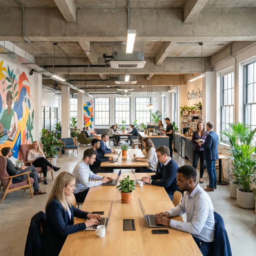 Geschäftsleute arbeiten gemeinsam an Laptops in einem modernen, hellen Coworking-Space mit Pflanzen und bunten Wandmalereien.