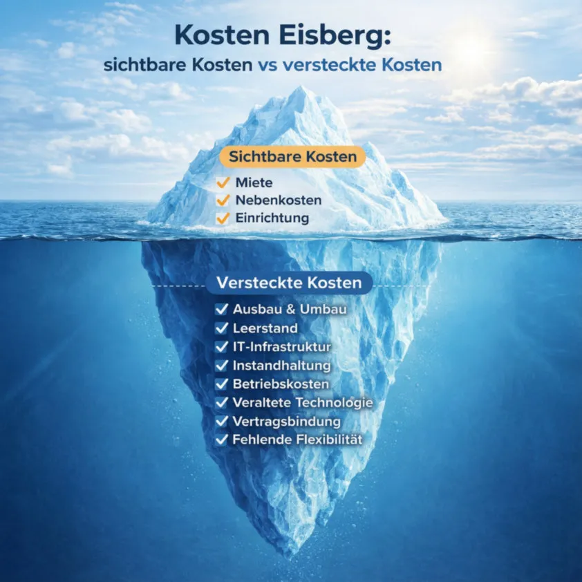Eisberg im Wasser mit Beschriftungen zu sichtbaren Kosten oben: Miete, Nebenkosten, Einrichtung, und versteckten Kosten unten: Ausbau & Umbau, Leerstand, IT-Infrastruktur, Instandhaltung, Betriebskosten, veraltete Technologie, Vertragsbindung, fehlende Flexibilität.