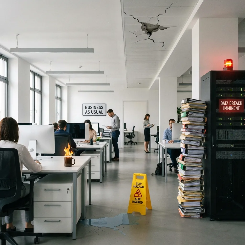 Moderner Büroraum mit Mitarbeitern, brennender Kaffeetasse, nasser Boden mit Rutschgefahr-Schild, großer Aktenstapel und Deckenriss; Server zeigt Warnung ‚Data Breach Imminent‘.