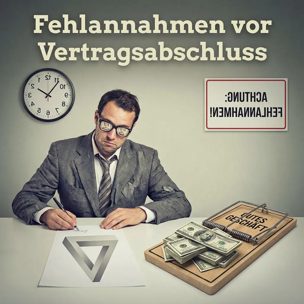 Mann im Anzug mit Brille sitzt an Tisch und unterschreibt ein Papier mit einem unmöglichen Dreieck, neben einer mit Geld gefüllten Mausefalle und Hinweis auf Fehlnahmen vor Vertragsabschluss.