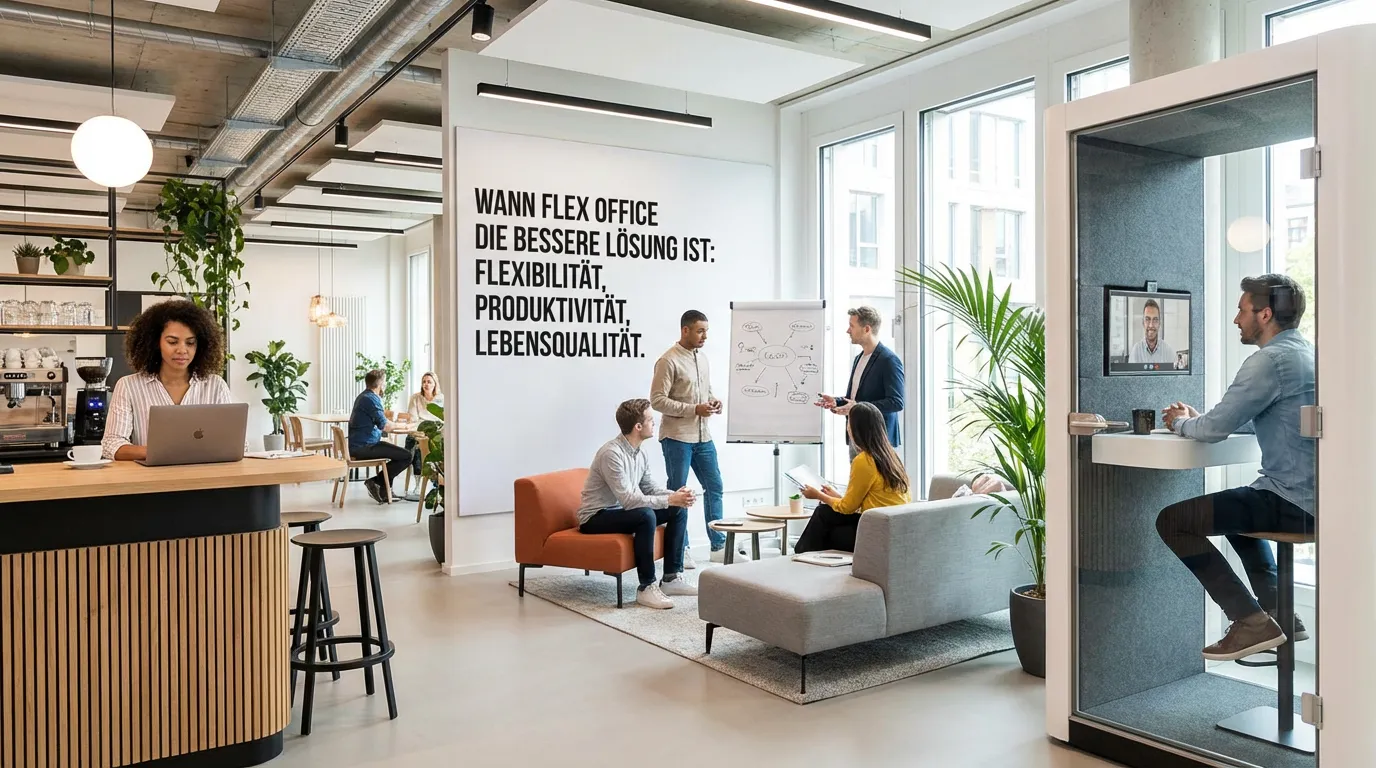 Moderne Bürofläche mit mehreren Menschen, die zusammen an einem Flipchart diskutieren, eine Person in einer Telefonkabine im Videoanruf ist und eine Frau an einem Laptop an der Theke arbeitet.