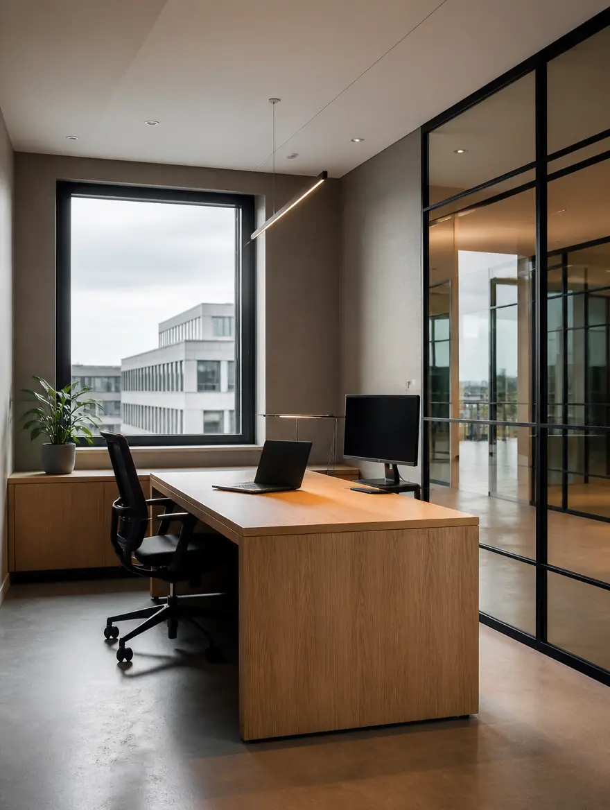 Private office in a modern flex office building with a desk, a glass wall and daylight