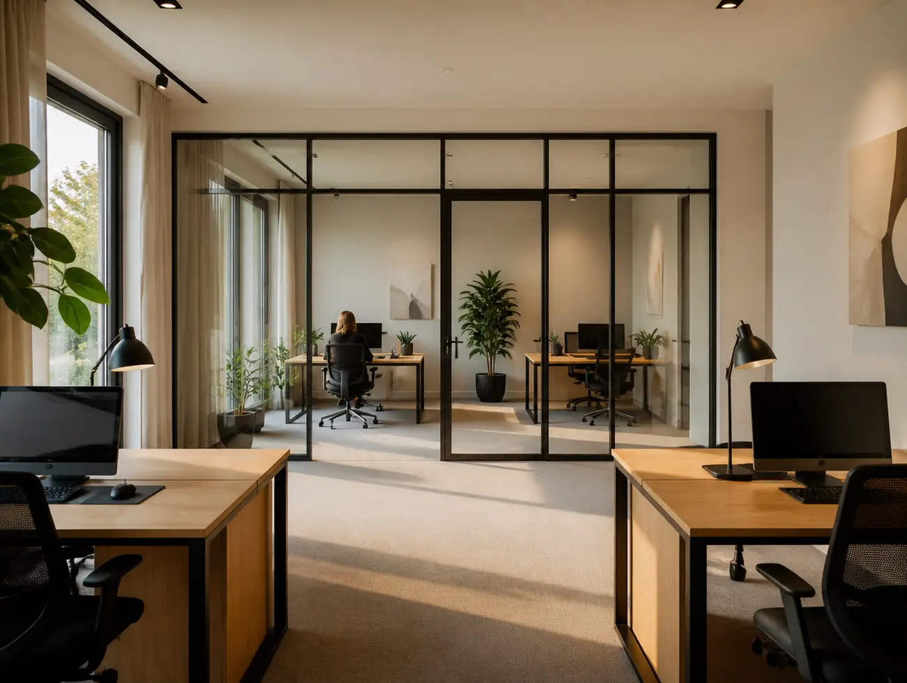 Private team office with four workstations behind a glass wall