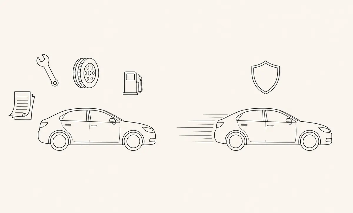 Drawing of two cars: on the left a car surrounded by tools, a tyre, a fuel pump and invoices, on the right a car in motion beneath a shield