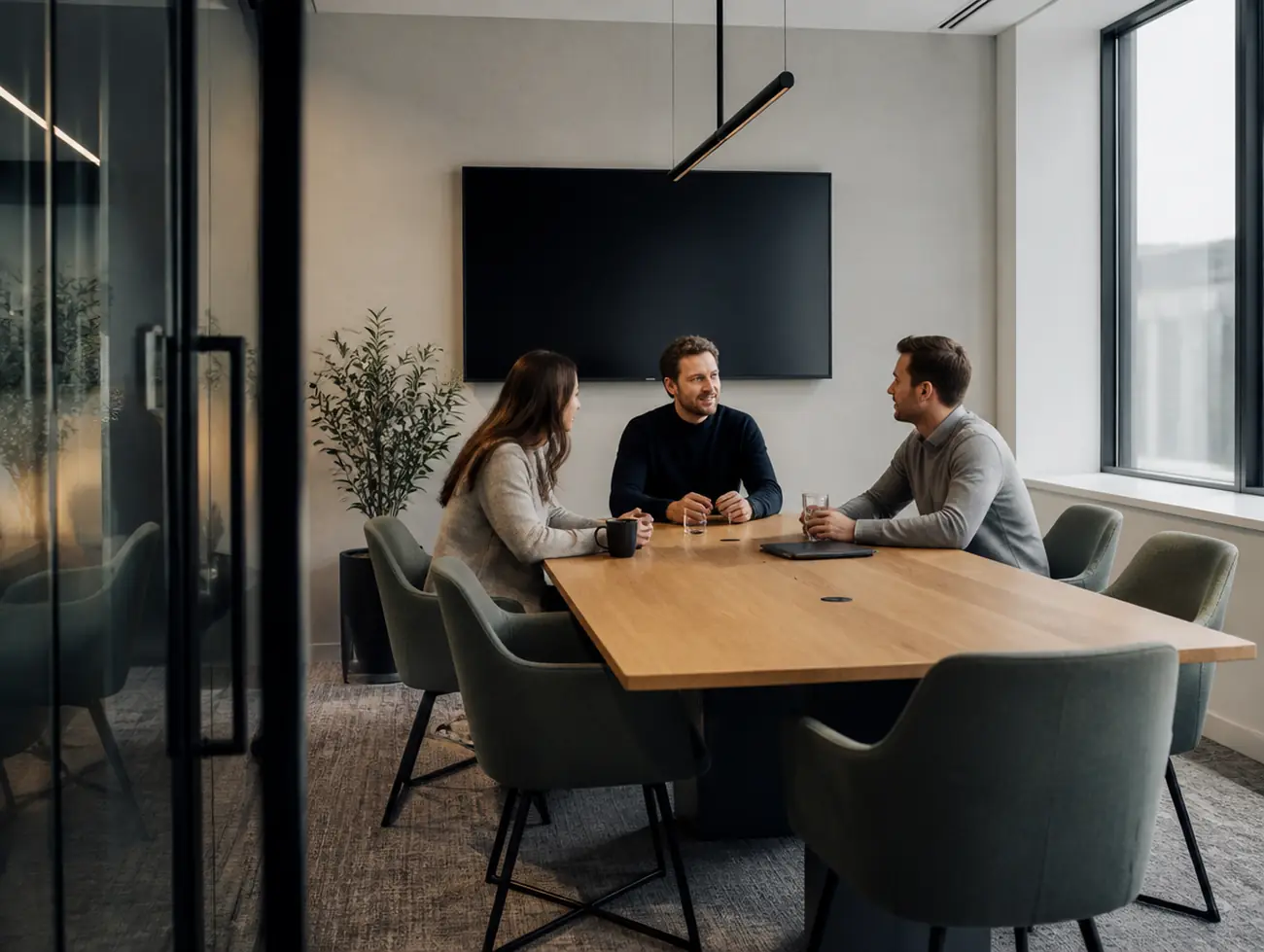Meeting room with a table, a screen and three people talking