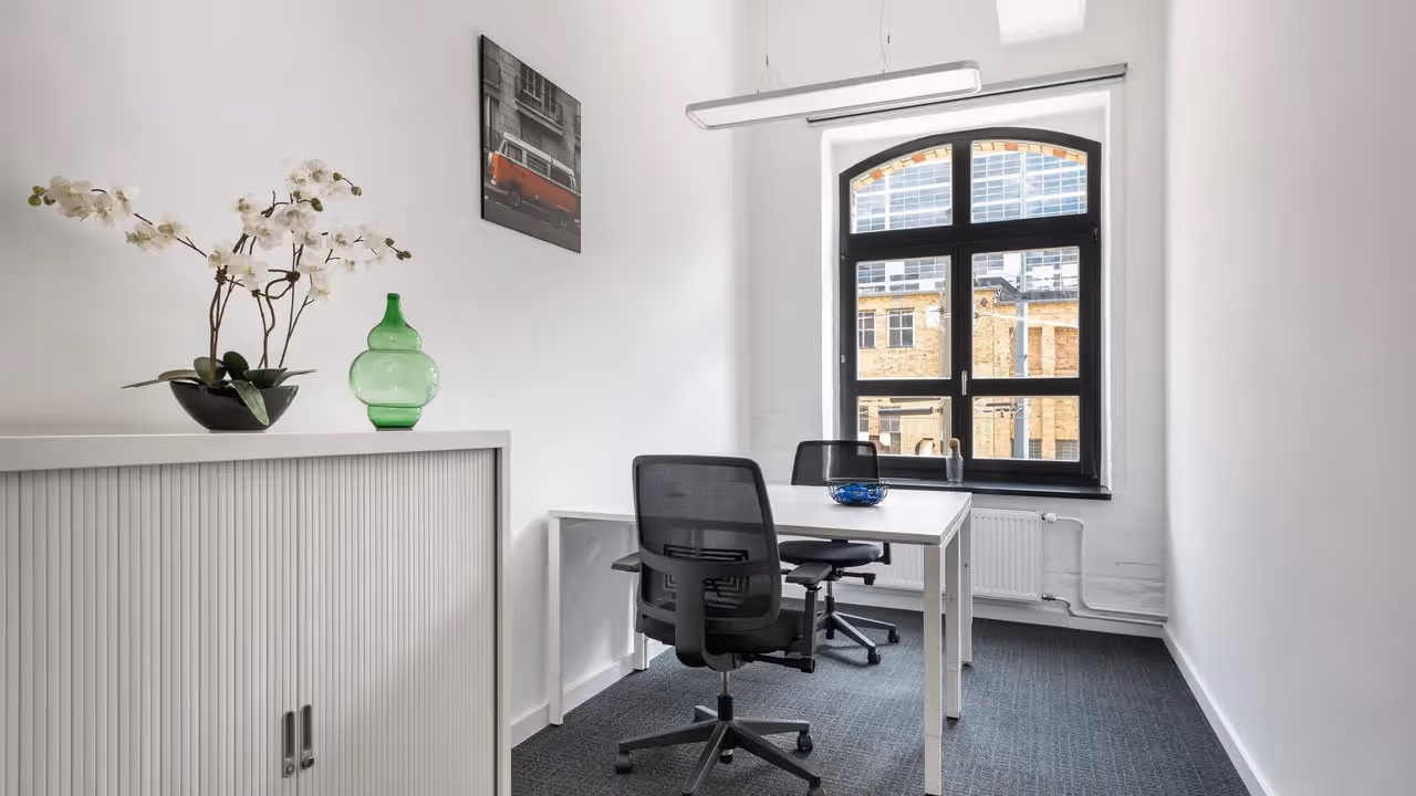 Helles Büro mit Schreibtisch, Bürostuhl, großer Fensterfront und Pflanzen auf weißem Schrank.